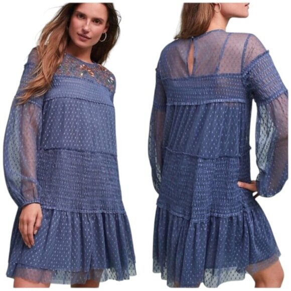 Maeve Anthropologie Samara Embroidered Blue Swiss Dot Smocked Ruffle Dress - Picture 1 of 13